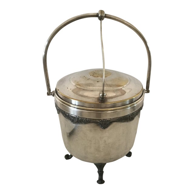 Mid 20th Century Vintage Footed English Regency Silver Plate Ice Bucket With Reticulating Hinge Lid Handle For Sale