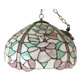 Mid 20th Century Pink Green & White Floral Stained-Glass Chandelier For Sale