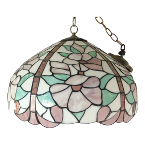 Mid 20th Century Pink Green & White Floral Stained-Glass Chandelier