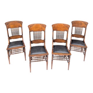 Late 19th Century Victorian Pressed Back Oak Dining Chairs Leather Seats Spindle Back For Sale