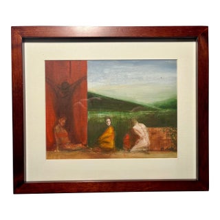 Mid-Century Modern Vintage Oil on Wood Painting Signed, Matted, Framed For Sale