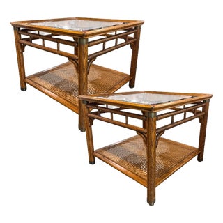 Pair of Mid-Century French Regency Side Tables With Caned Shelves For Sale