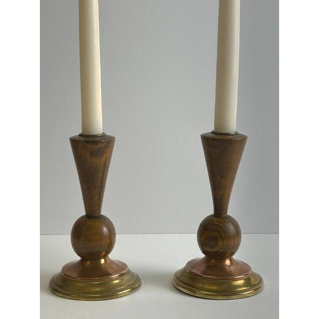 Copper Art Deco English Candlesticks in Hand-Turned Wood, Brass and Copper, 1930s For Sale - Image 8 of 10