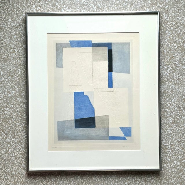 Blue Vintage Boho Original Geometric Abstract Hand Tinted Lithograph on Paper For Sale - Image 8 of 8