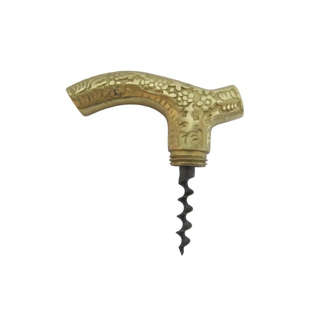 Wood Victorian Floral Embossed Brass Walking Tippling Stick Cane W/Hidden Cork Screw For Sale - Image 7 of 11