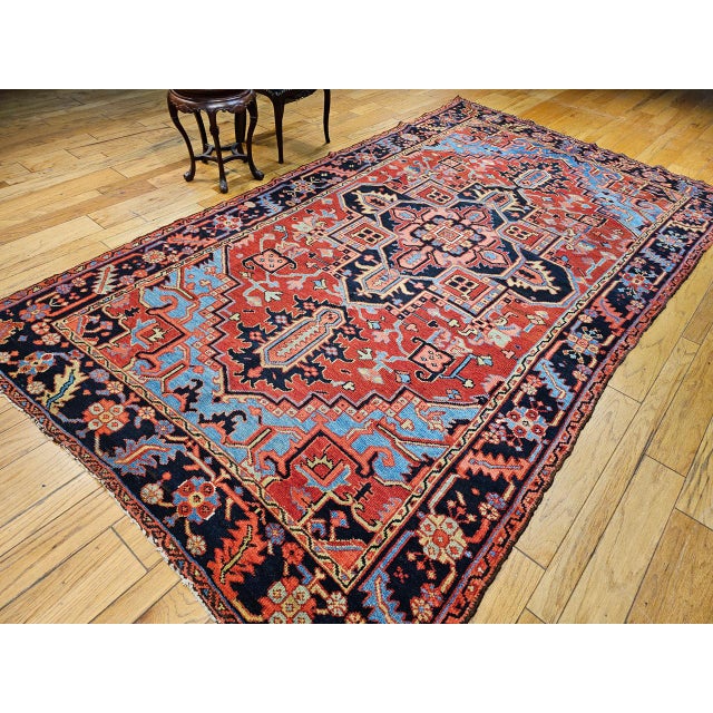 Antique Heriz Serapi Gallery Rug, Hand-Knotted Wool, Geometric Medallion Pattern, Red & Blue, 7x12 For Sale - Image 11 of 11