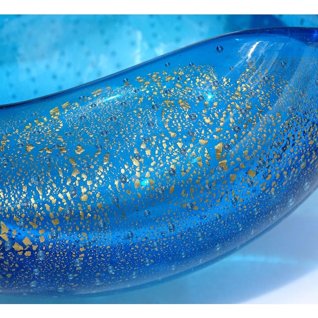 Vintage Murano Sapphire Blue Gold Flecks Control Bubbles Italian Art Glass Tear Water Drop Dish Bowl For Sale In Orlando - Image 6 of 8