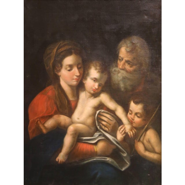 Italian 19th C. Italian Oil Painting of Holy Family With Saint John in Giltwood Frame For Sale - Image 3 of 9