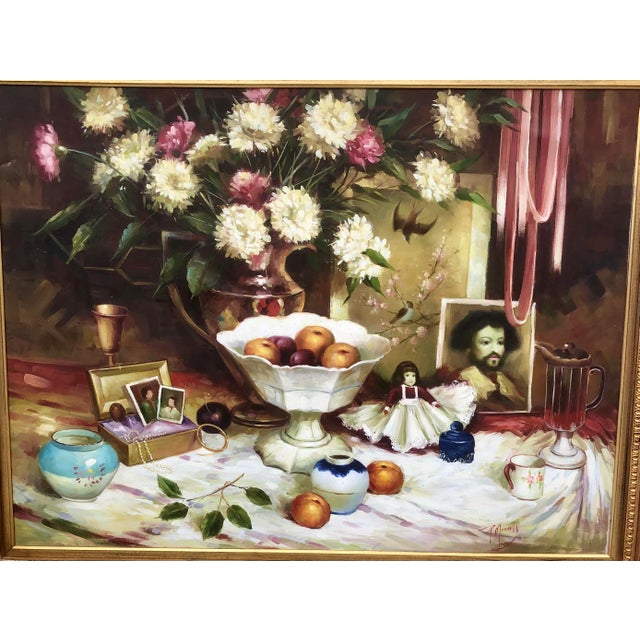 Rustic European P. Mozah 20th Century Oil Painting, Still Life, Spring Flowers, Ornate Gold Frame For Sale - Image 3 of 15