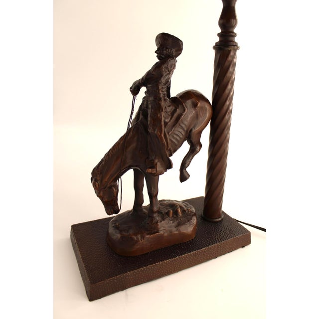 Remington Bronze "The Outlaw" Table Lamp W/ Stained Glass Shade in Mission Style For Sale In Dallas - Image 6 of 13