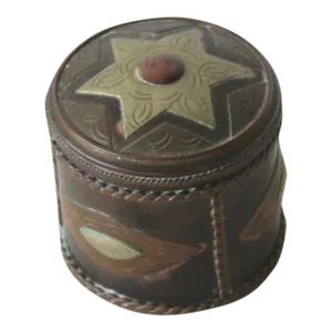 Vintage Spanish Style Cylindrical Brass Copper White Metal Lidded Container With Patina Star Detail