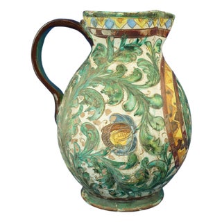 20th Century Majolica Ceramic Jug Vase with Robin, Scratched Decoration by Zulimo Aretini, Italy, 1920s For Sale