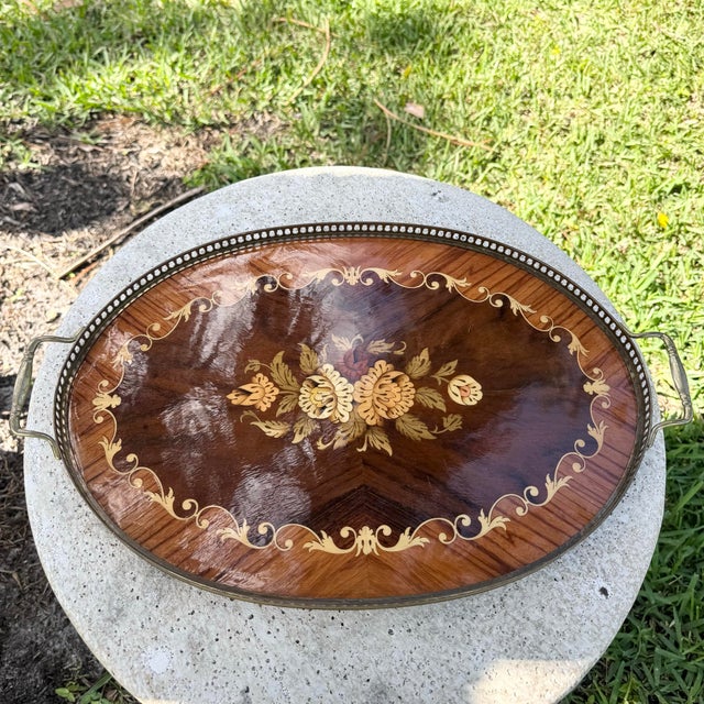 Mid 20th Century Vintage Italian Marquetry Wood Inlay and Brass Tray For Sale - Image 5 of 6
