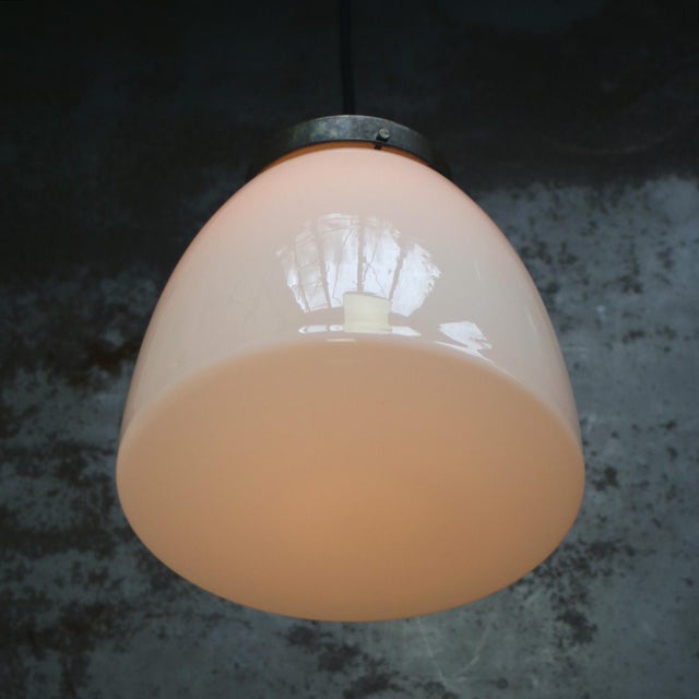 Early 20th Century White Opaline and Brass Top Pendant Light from Philips, Holland For Sale - Image 5 of 7