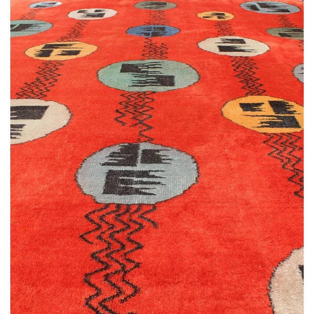 Red Art Deco Design Vintage Turkish Rug With Circular Motifs in Orange Red Colors For Sale - Image 8 of 13
