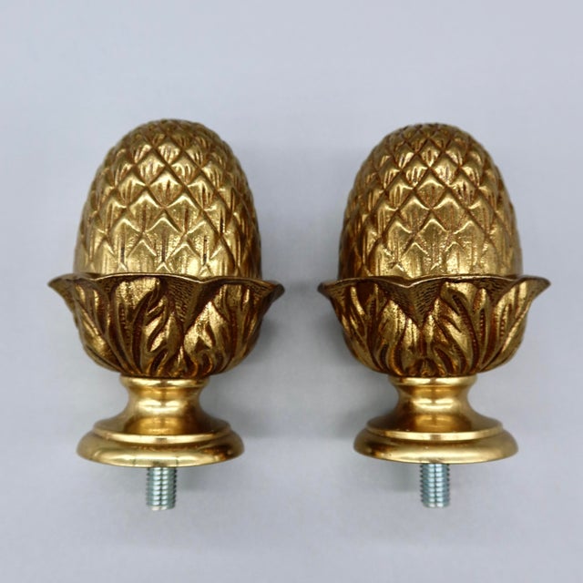 Pair of Vintage French Gilt Brass Pineapple Curtain Rod Finials — Empire Style, Acanthus Leaf Detail For Sale - Image 4 of 5