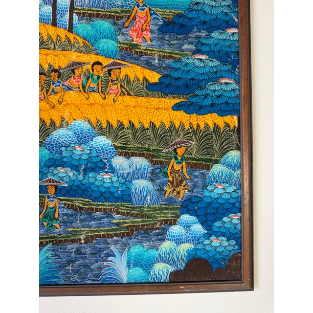 Wood 1970’s Vintage Penestanan Kelod Bali Folk Art - Rice Harvest Scene Oil on Canvas Painting For Sale - Image 7 of 10
