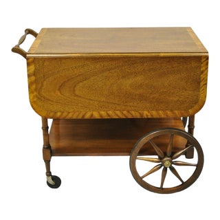 Baker Drop Leaf Mahogany Banded Inlay Tea Cart Server Cart With Glass Tray For Sale
