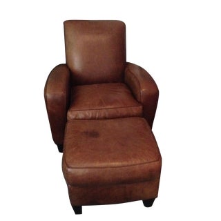 Brown Leather Club Chair & Ottoman For Sale