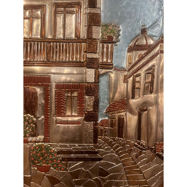 Vintage mid century modern Beautiful vintage dimensional metal relief depicting a charming European/Mediterranean village...