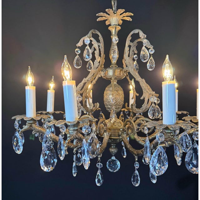 Vintage Chandelier- Vintage Spanish Brass Chandelier With 8 Lights & Faceted Crystal For Sale - Image 4 of 8
