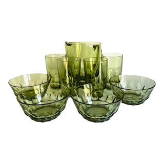 Vintage Hazel-Atlas Reflection Green Thumbprint Set – Pitcher, Tumblers & Bowls - 9 pcs For Sale