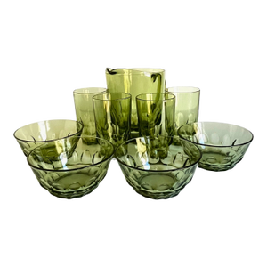 Vintage Hazel-Atlas Reflection Green Thumbprint Set – Pitcher, Tumblers & Bowls - 9 pcs