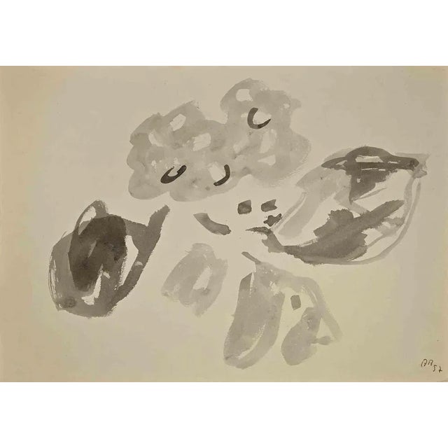 Abstract Composition is an original watercolored drawing on paper realized by a French Anonymous artist in 1957. Dated on...