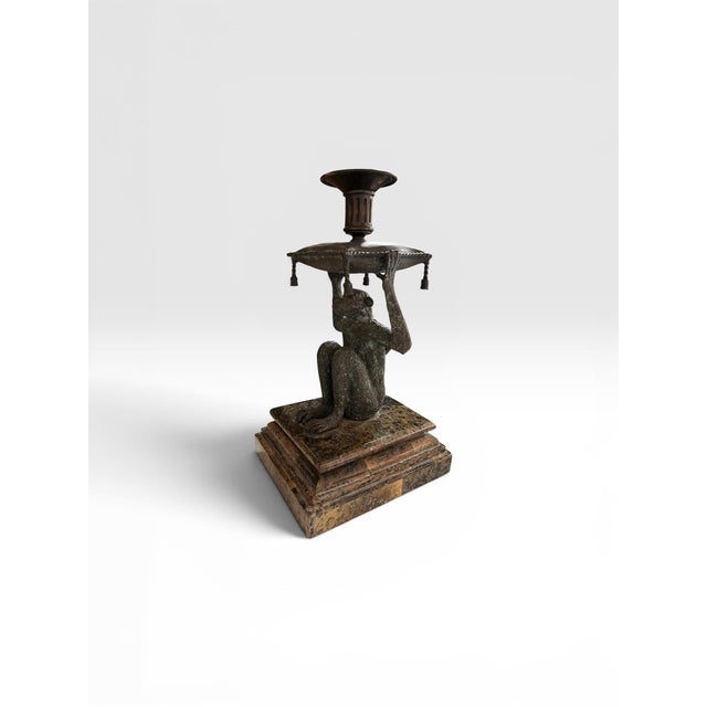 Hollywood Regency Vintage Bronze Finish Monkey Candlestick on Marble Base – Hollywood Regency Style For Sale - Image 3 of 8