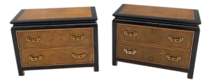 Pair Burl Wood Black Lacquer Solid Brass Drop Pull 2 Drawer Night Stands MINT!