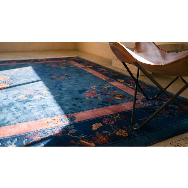 Blue 1920s Blue Floral Antique Chinese Rug 9' 0" X 11' 8" Handknotted Wool Carpet For Sale - Image 8 of 8