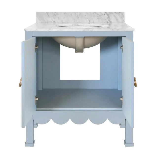 Hollywood Regency Matthew Izzo Home Kealey Matte Light Blue Lacquer, Two Door, Single Sink Bathroom Vanity - Carrara Marble Top, Porcelain Sink, Brass Hardware For Sale - Image 3 of 5