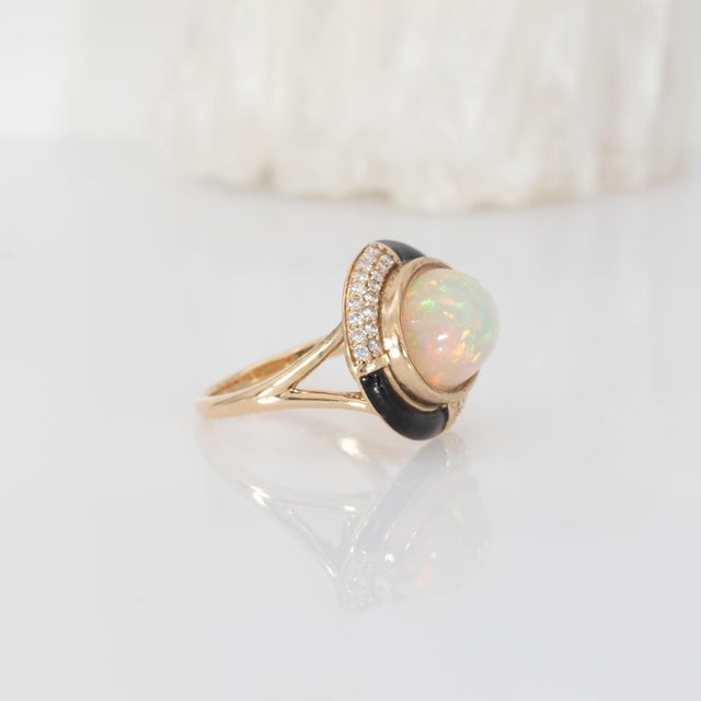 5.3Ct Natural Opal Ring With Diamond Accents in Solid 14k Gold – Oval Cut, Size 6.75 For Sale In Columbus - Image 6 of 8