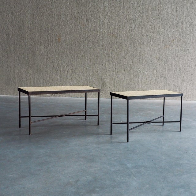 Minimalist Metal Side Tables with Plaster-Fiber Tops, 1960s, Set of 2 For Sale - Image 12 of 18