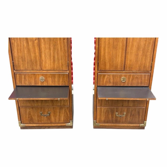 Thomasville Pair Vintage Thomasville Campaign Style Tall Cabinets For Sale - Image 4 of 12