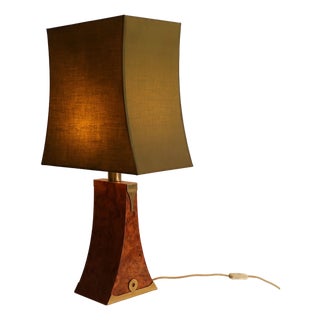 Modernist Table Lamp in Elm Burl and Brass with Lampshade, 1970s For Sale