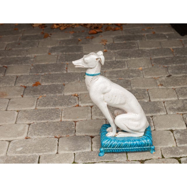 Mid-Century Modern Vintage Italian Midcentury Porcelain Greyhound Dog Sitting on Blue Cushion For Sale - Image 3 of 11