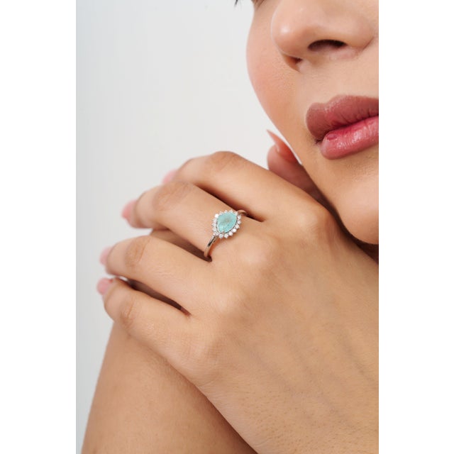 18k Gold 1.09ct Pear Cut Paraiba Tourmaline Diamond Halo Cluster Ring Size 8 For Sale - Image 11 of 18