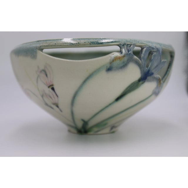 Contemporary Vintage 1990s Robert Finn Porcelain Studio Art Pottery Cutout Work Iris & Columbine Bowl/Centerpiece Signed For Sale - Image 3 of 10