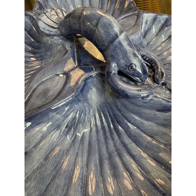 Beautiful shade of blue vintage shell shape and lobster figurine detail divided oysters/seafood serving dish. Marked made...