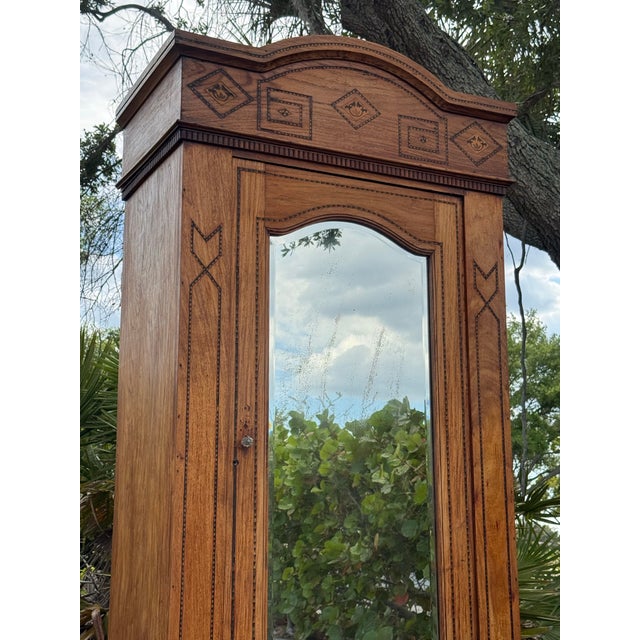 Antique Tramp Art Style Solid Wood Armoire With Mirror | Hand-Carved Wardrobe Cabinet For Sale - Image 10 of 11
