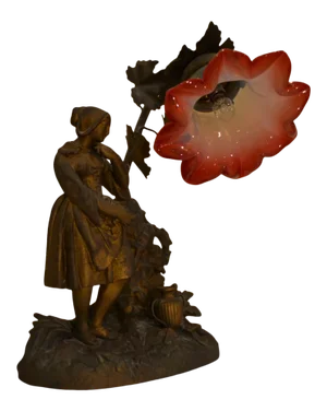 Antique Metal Figural Table Lamp With Glass Shade
