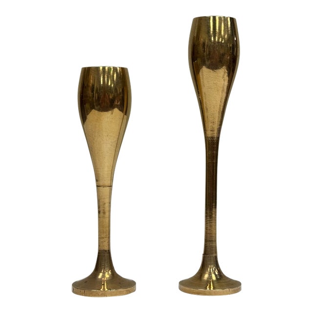 Vintage Brass Goblet Style Candle Holders, a Pair For Sale