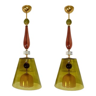 Mid-Century Modern Olive Green, Mid Century Modern, Murano Glass Pendant Lights - Pair For Sale