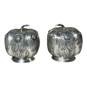 Antique Handmade Sterling Silver Repousse Pumpkin Fruit Salt and Pepper Shakers