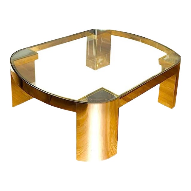 1980s Monumental ‘Banker’ Coffee Table in Polished Brass and Glass Attributed to Karl Springer For Sale