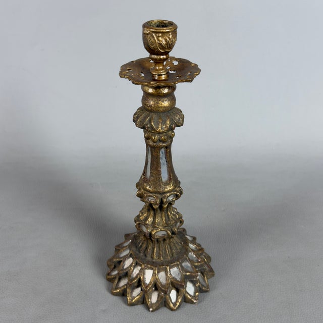 Gold Antique Candlesticks in Gilded Wood, Brass, Mirrored Glass, Set of 2 For Sale - Image 8 of 11