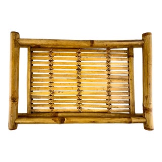 Vintage Mid Century Woven Bamboo Tray With Rustic Character For Sale