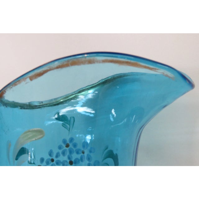 Tall Hand Blown Glass Blue and Hand Painted Flowers Pitcher For Sale - Image 12 of 13