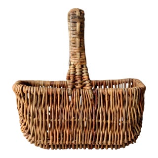 Vintage Woven Wicker Gathering Basket For Sale